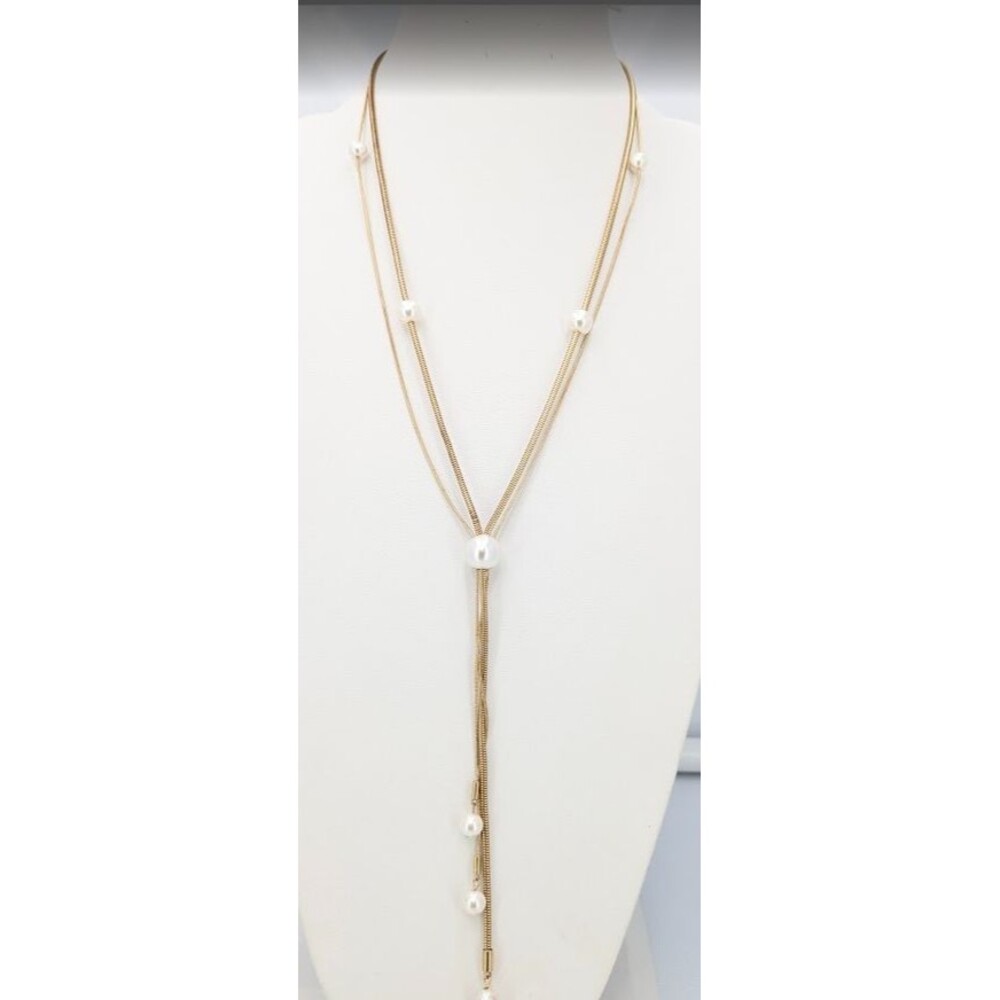 Alfani Necklace Gold Tone Faux Pearl Y Lariat Double Chain Tassel 26 in Signed